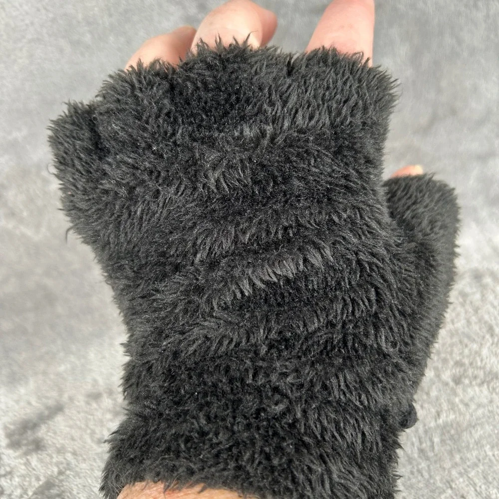 Fuzzy Black Cat Paw Fingerless Gloves Pink Toe Pads Cosplay Costume Plush Mitten